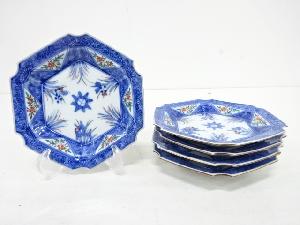 作家物　染付　六角小皿　5客揃